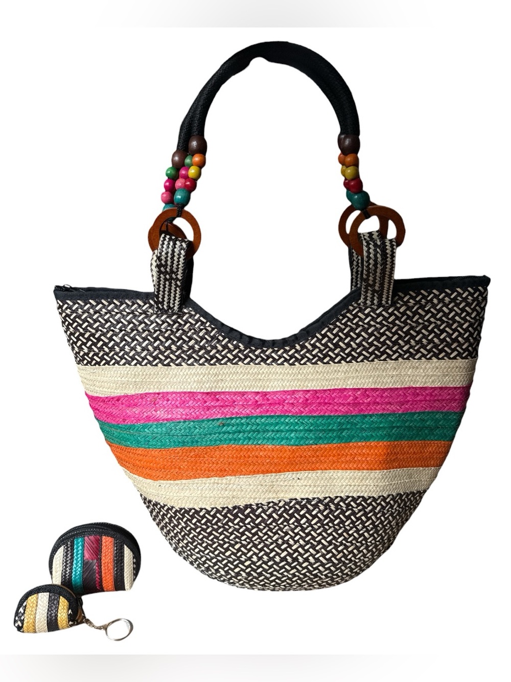 Columbian Cana Flecha Straw Tote with Zipper Closure, & 2 Matching Mini Bags